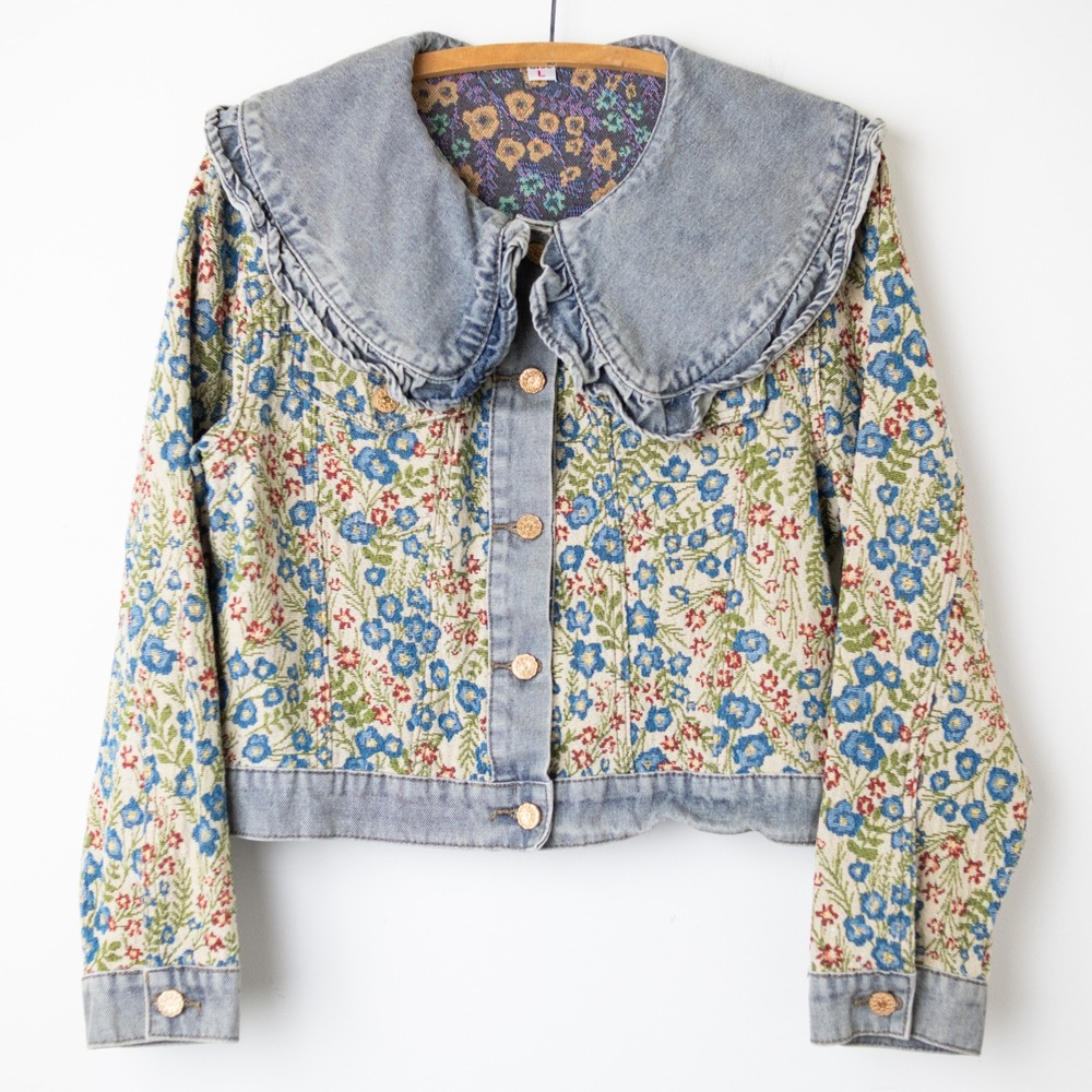 Jacquard Denim Jacket Womens L No Tag Ruffled Peter Pan Collar Tapestry Cottage